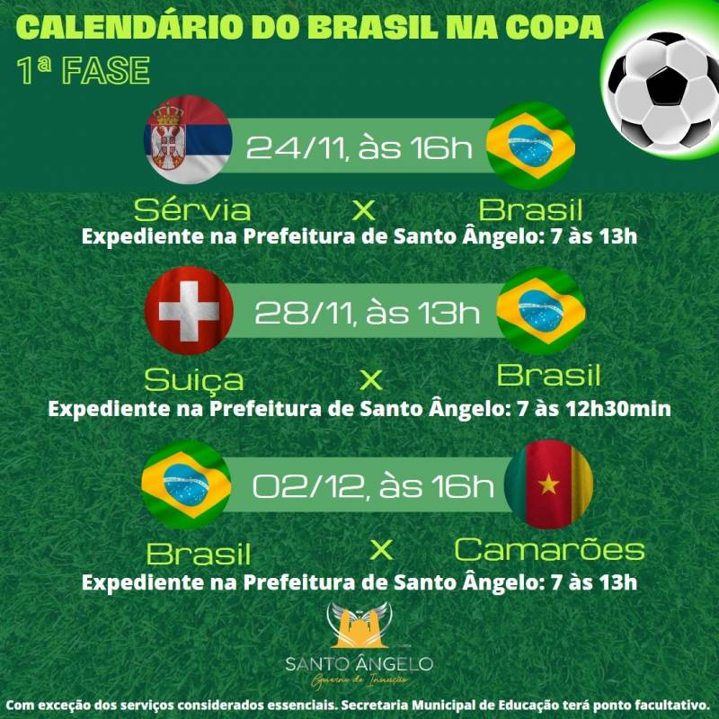 Prefeitura de Santo Ângelo terá turno único em jogos do Brasil