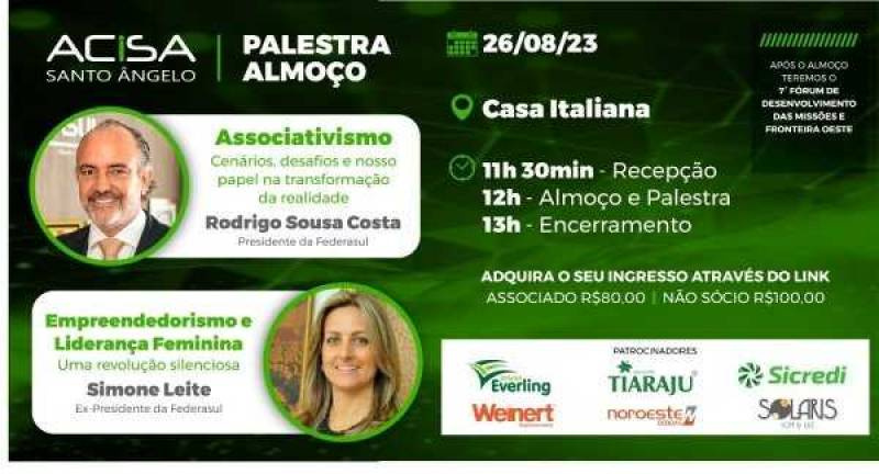 Palestra Almoço - Associativismo com Rodrigo Costa e Simone Leite nesse sábado,26, em 