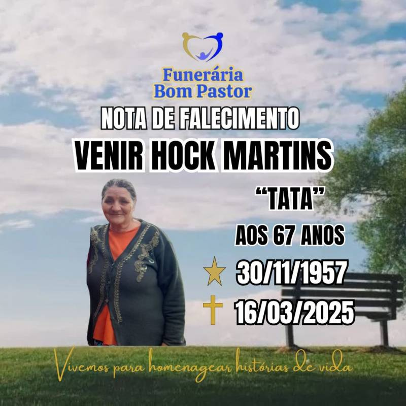 Familiares participam o falecimento da Senhora VENIR HOCK MARTINS, carinhosamente chamada de TATA