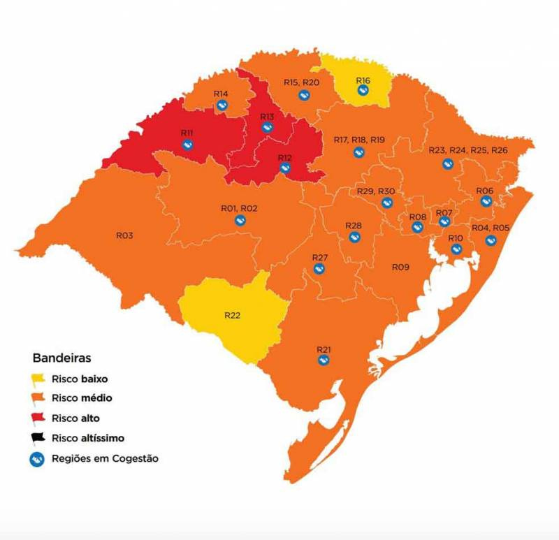 Rio Grande do Sul tem três regiões em bandeira vermelha em mapa preliminar