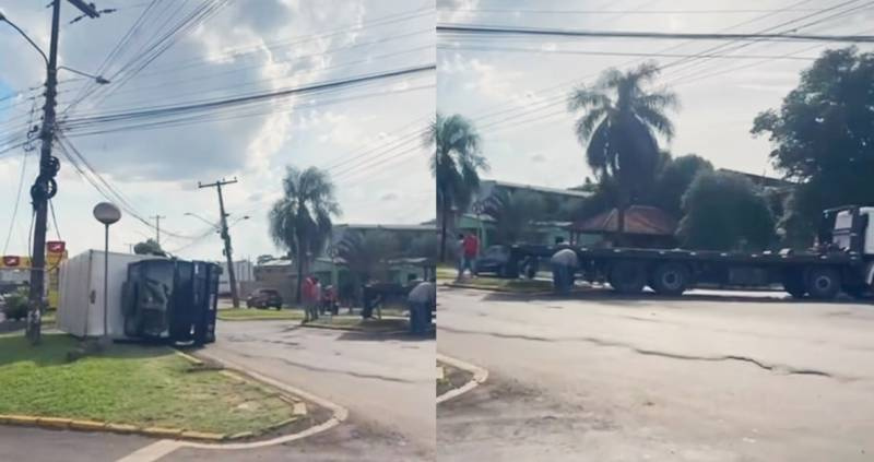 Caminhão que estava sendo transportado sobre um guincho acabou caindo após atingir a fiação elétrica, em Santo Ângelo