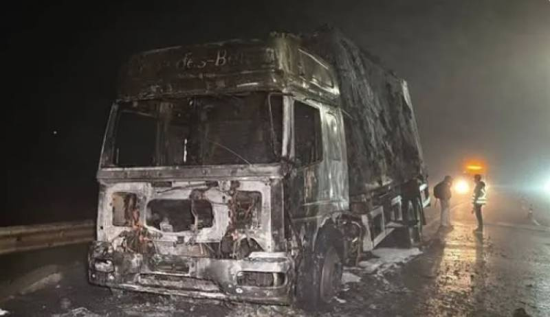 Caminhão carregado com carne bovina pega fogo na BR-448