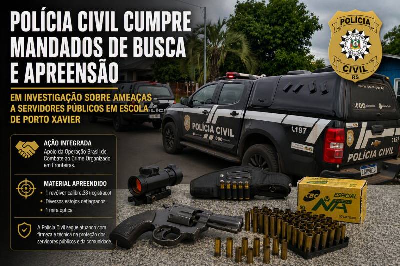 Polícia Civil apreende arma e equipamentos durante investigação de ameaças contra servidores públicos em Porto Xavier