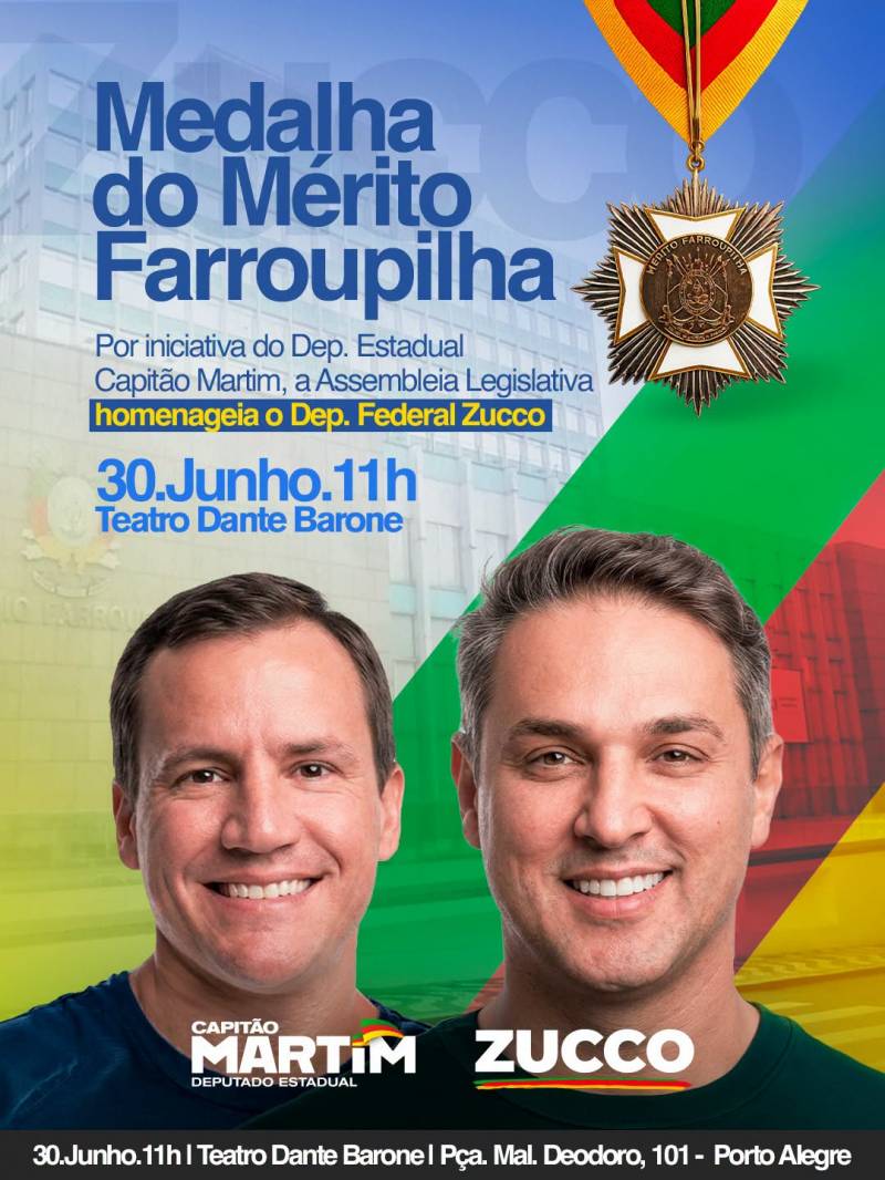 Zucco será homenageado com a Medalha do Mérito Farroupilha, maior honraria da Assembleia Legislativa