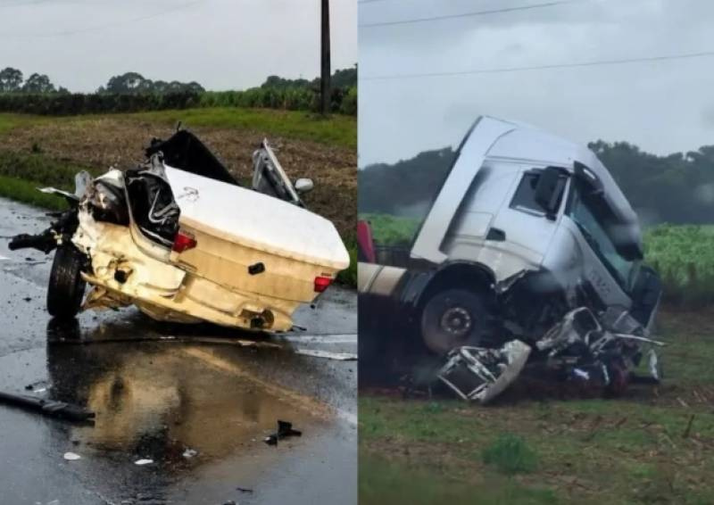 Quatro pessoas morrem após carro partir ao meio em colisão frontal com carreta na BR-470