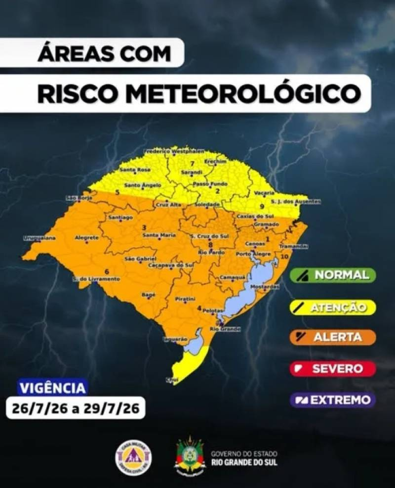 O Centro de Monitoramento da Defesa Civil do RS atualiza o prognóstico meteorológico para os próximos dias no estado.
