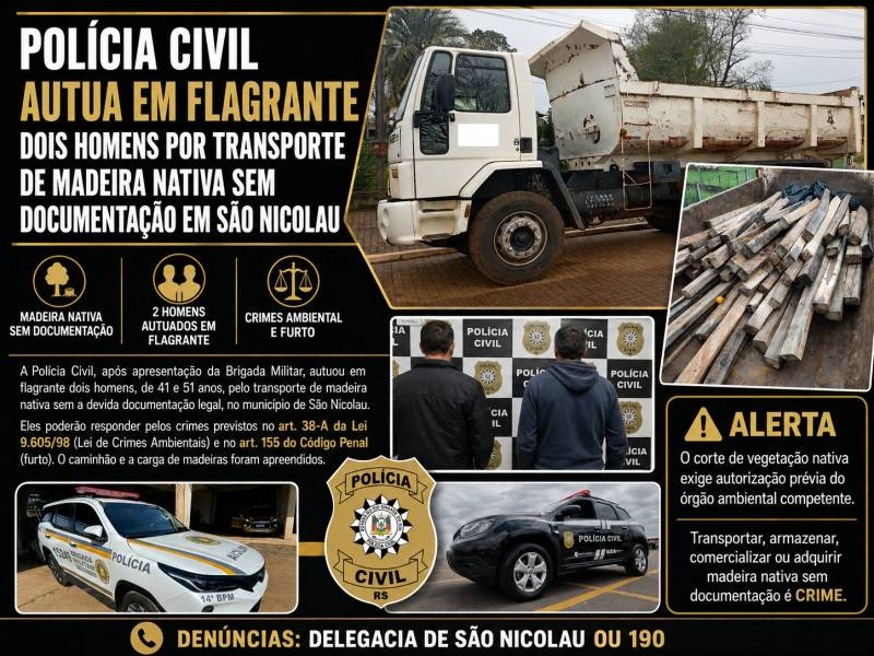 Polícia Civil autua em flagrante dois homens por transporte de madeira nativa sem documentação em São Nicolau