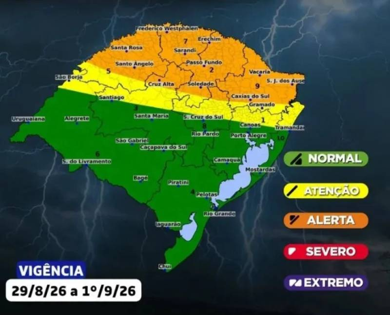 O Centro de Monitoramento da Defesa Civil Estadual atualiza as condições meteorológicas para os próximos dias no RS: