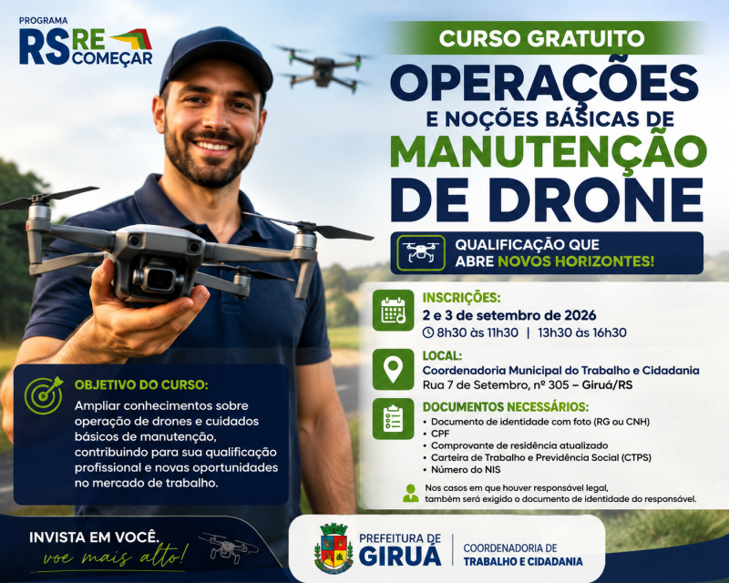 Curso de operação e manutenção de drones tem inscrições abertas em Giruá