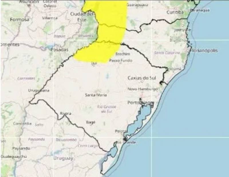 INMET emite alerta amarelo de tempestade com possibilidade de granizo e ventos de até 60 km/h para a região noroeste