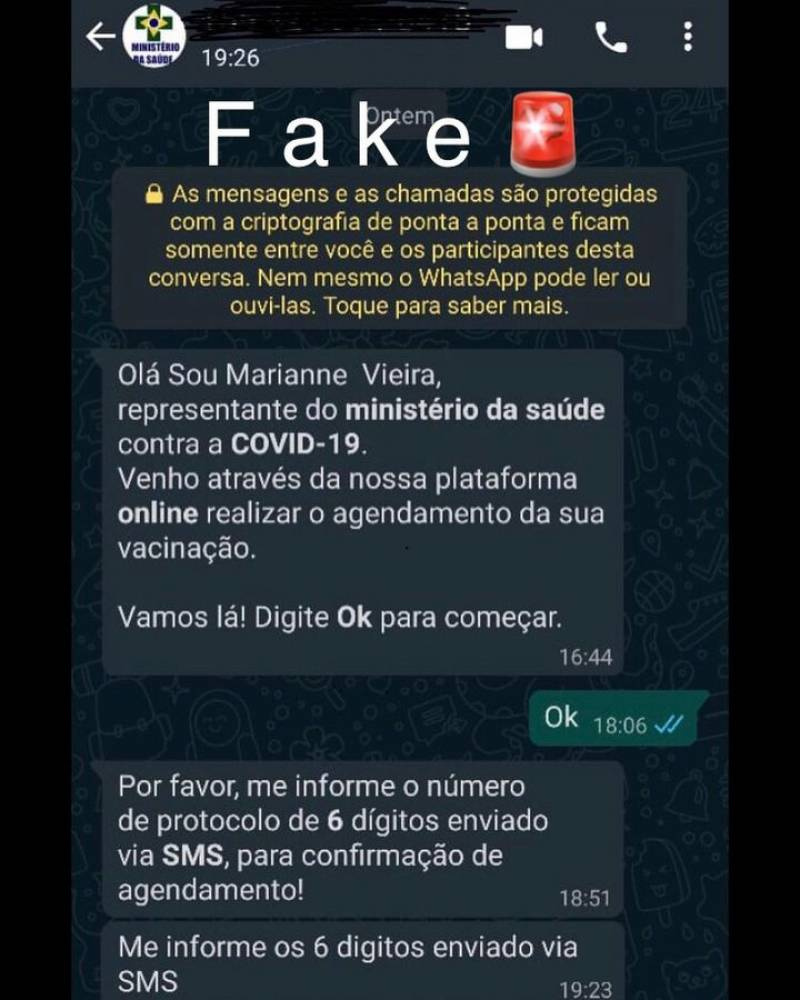 Golpistas se passam por atendentes do Ministério da Saúde para tentar clonar WhatsApp